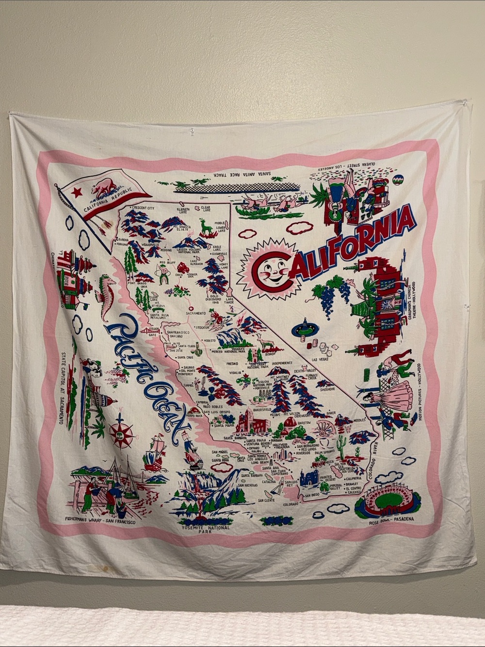 California Illustrated Map Tapestry - White with Pink, Red, Green, Blue Accents